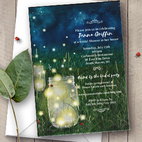 Rustic Meadow Summer Night Mason Jar Fireflies Bridal Wedding Shower Invitation