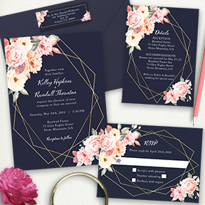 Floral Corners on Navy Geometric wedding invitation suite