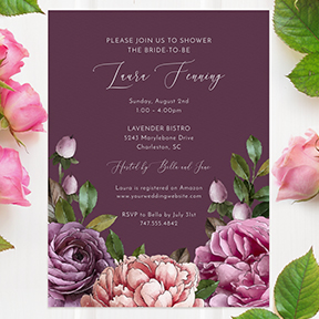 Purple Watercolor Flowers Garden Bridal Wedding Shower Invitation