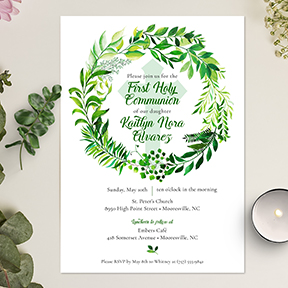 Watercolor Greenery Wreath First Holy Communion Invitation