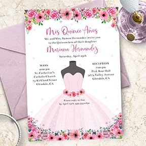 Pink Floral Quinceanera Dress Party Invitation