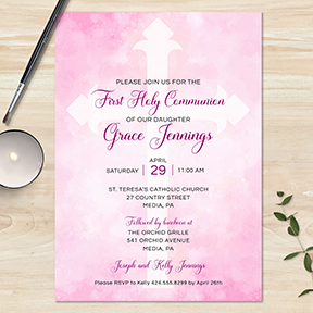 Pink Watercolor Wash Cross First Holy Communion Invitation