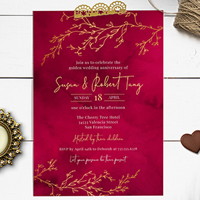 Gold Branches and Red Watercolor Anniversary Party Invitation