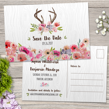 Watercolor Wildflowers and Antlers Faux Bois Save the Date