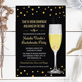 Wedding Rings Champagne Glass Gold Glitter Look Bachelorette Party Hens Night Invite