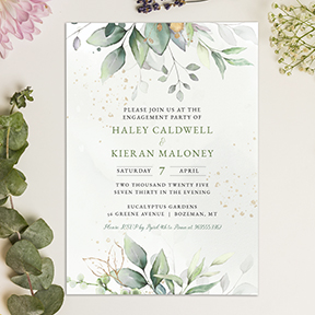 Eucalyptus Foliage and Gold Splatter Engagement Party Invitation