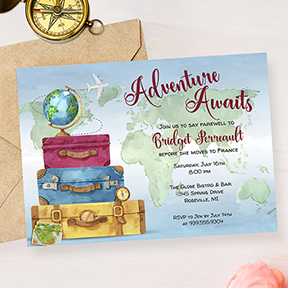Adventure Awaits Stacked Suitcases Going Away Farewell Party Invitation
