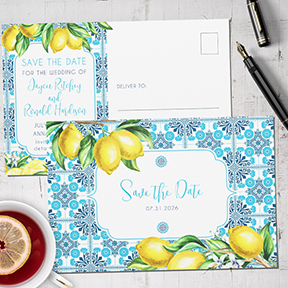 Mediterranean Tile and Lemon Watercolor Save the Date Postcard