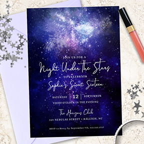 Night Under the Stars, Galaxy, Starry Night, Birthday Party Invitation