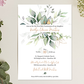 Eucalyptus and Gold Greenery First Holy Communion Invitation