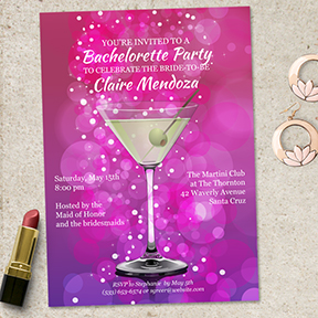 Pink Ombre Bokeh Martini Bachelorette Party Hens Night Printable Invitation