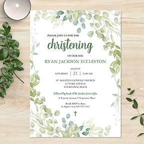 Watercolor Greenery Christening Baby Invitation